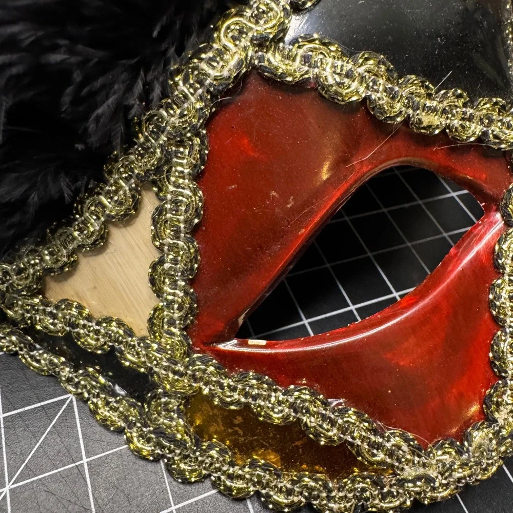 VTG Handcrafted Venetian Masquerade‎ Mask Black Red Gold Feather Costume